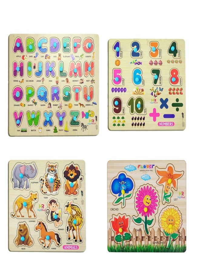HIGHROOF® Kids Fort Pre Nursery Educational Jigsaw Puzzles for Adults Kids Learning Toys Kit Board Game 4 pcs Set of ABCD Alphabets Numbers Animals & Flower Educational Toy - Image 1